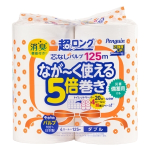 ペンギン ながーく使える 芯なし再生紙 超ロング 5倍巻き 消臭機能付き ダブル 4ロール