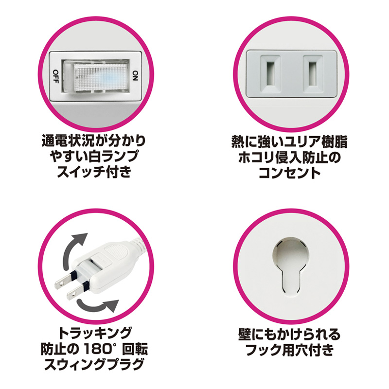 AC4口+USB 4ポート電源タップ 1.2m ホワイト