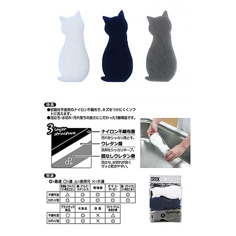 CARAful 抗菌ソフト キッチンスポンジ ねこ3個組
