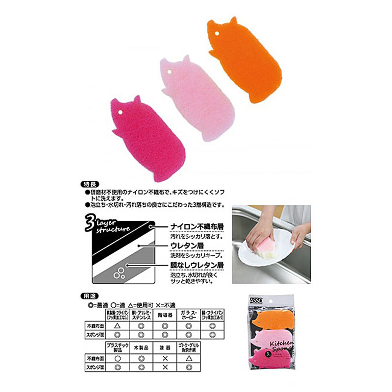 CARAful 抗菌 ソフトキッチンスポンジ ぶた3個組