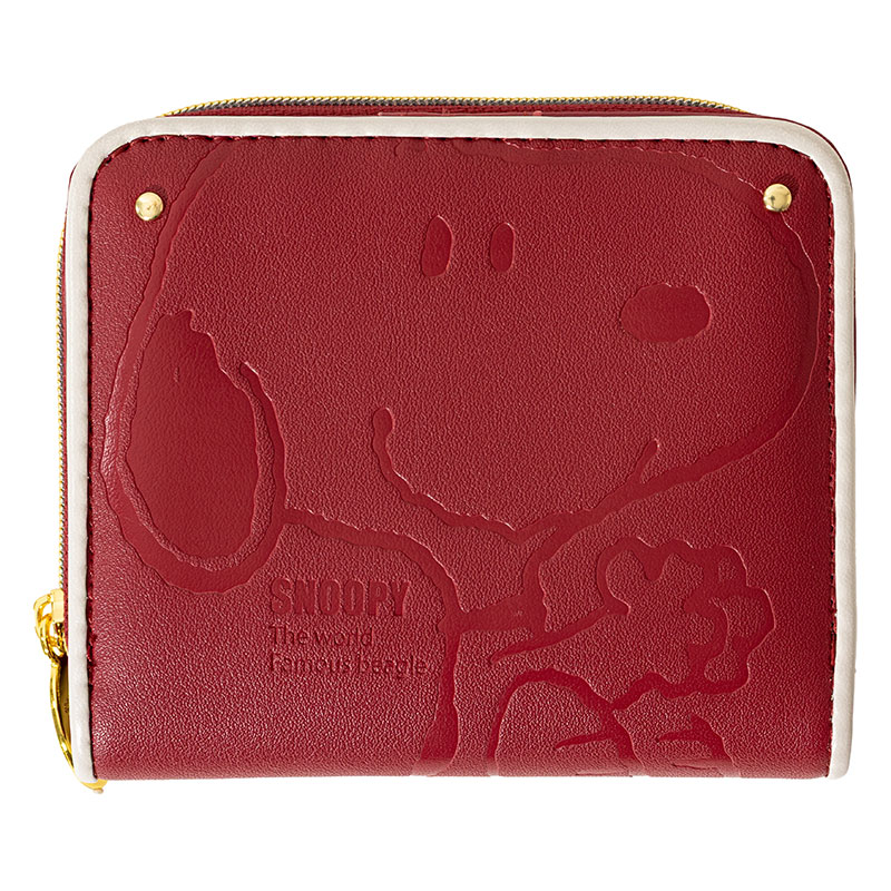 スヌーピー 型押し 二つ折り財布 ワインレッド