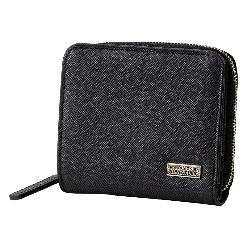 A|C DESIGN BY ALPHA CUBIC 角シボ 二つ折り財布 牛革 ブラック