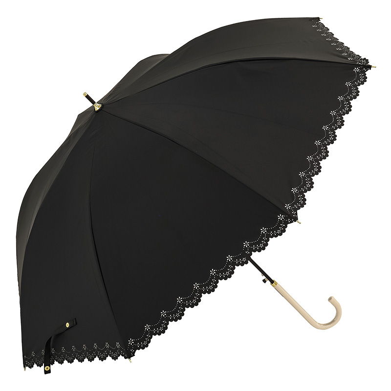 レディース 晴雨兼用 長傘 フラワーヒートカット 58cm ブラック