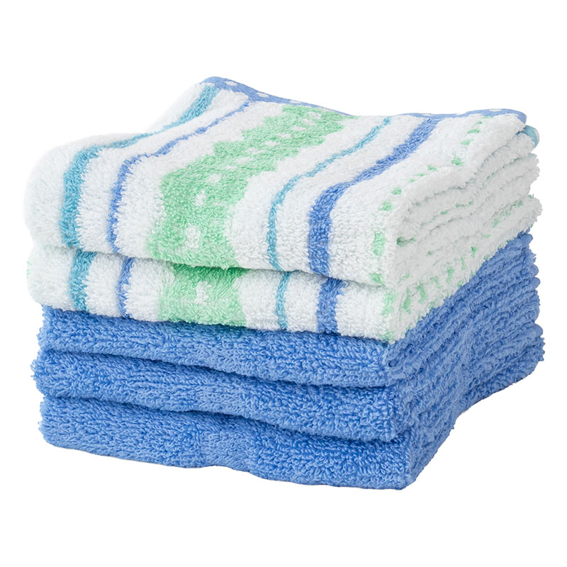 ふんわりやわらかタオル スキップボーダー 34×80cm ブルー 5枚組