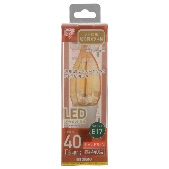 LED電球 フィラメント 琥珀調 キャンドル色40形(440lm) LDF3C-G-E17-FK