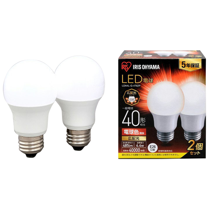 LED電球 E26 広配光2P 電球色 40形(485lm) LDA4L-G-4T62P | ミスター