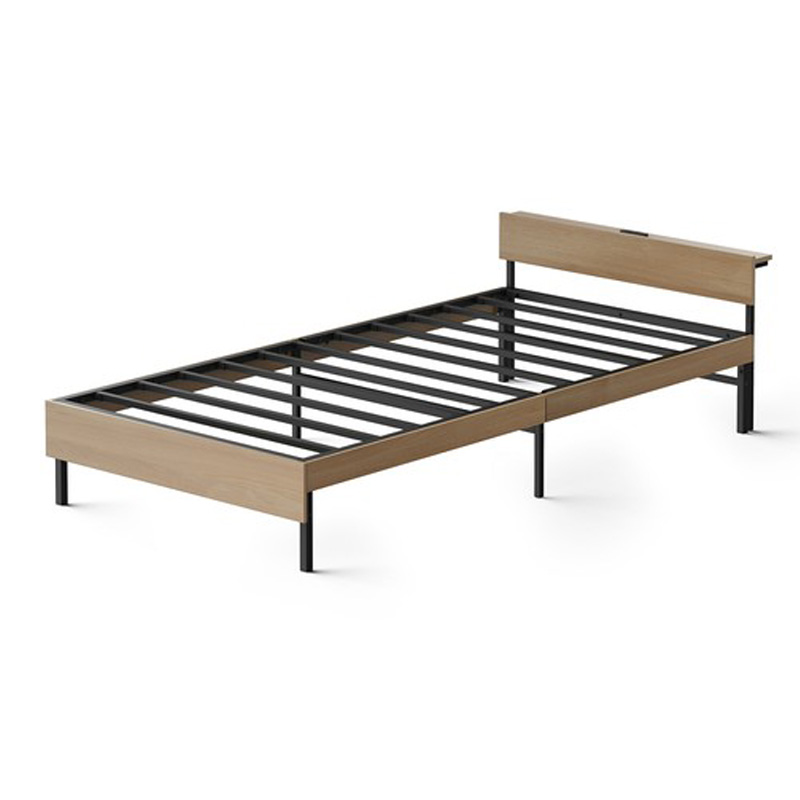 ウッドスチールベッド 宮付きタイプ シングル コンセント付 ブラック×ナチュラル