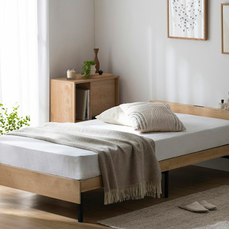 ウッドスチールベッド 宮付きタイプ シングル コンセント付 ブラック×ナチュラル