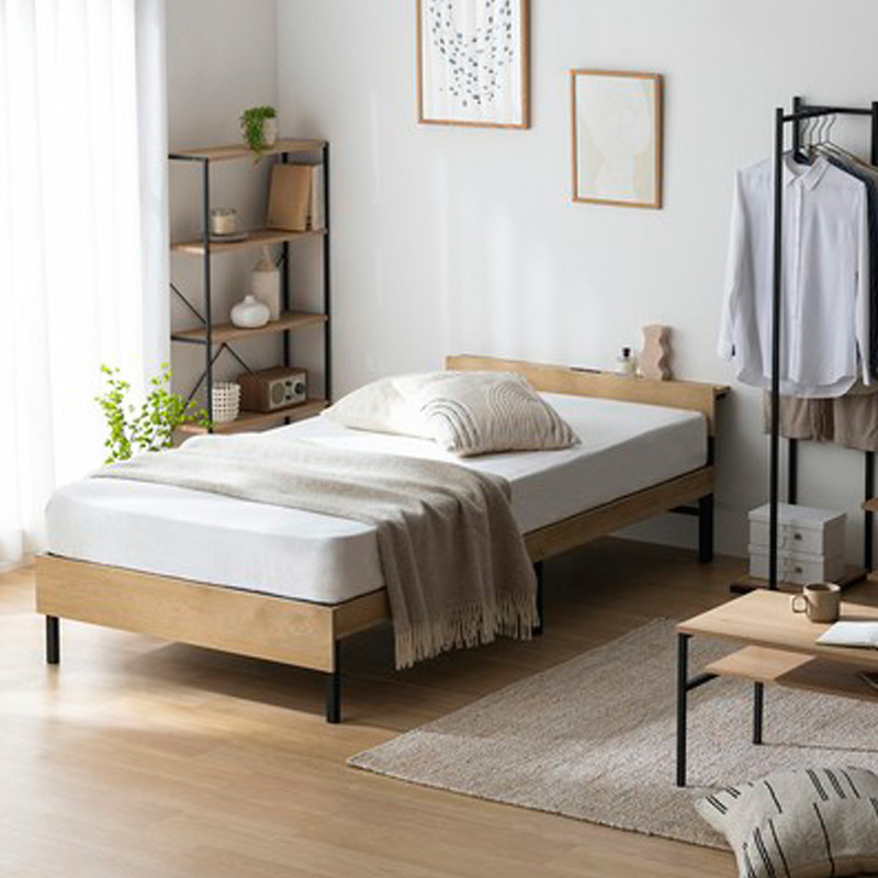 ウッドスチールベッド 宮付きタイプ シングル コンセント付 ブラック×ナチュラル