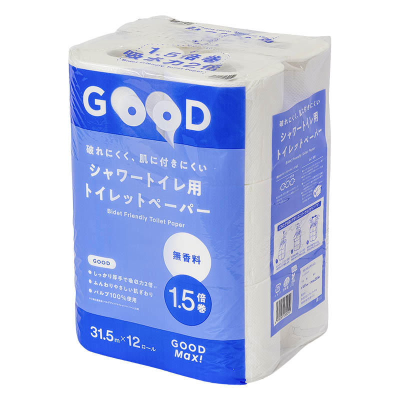 破れにくく、肌に付きにくいシャワートイレ用 トイレットペーパー 無香料 1.5倍巻 ダブル 31.5m×12ロール