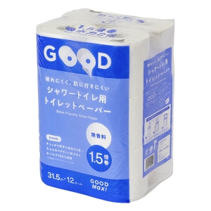 破れにくく、肌に付きにくいシャワートイレ用 トイレットペーパー 無香料 1.5倍巻 ダブル 31.5m×12ロール