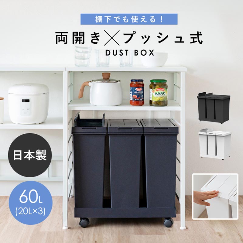 【お取り寄せ商品】棚下で使える ゴミ箱 プッシュ3分別 ワゴン ブラック