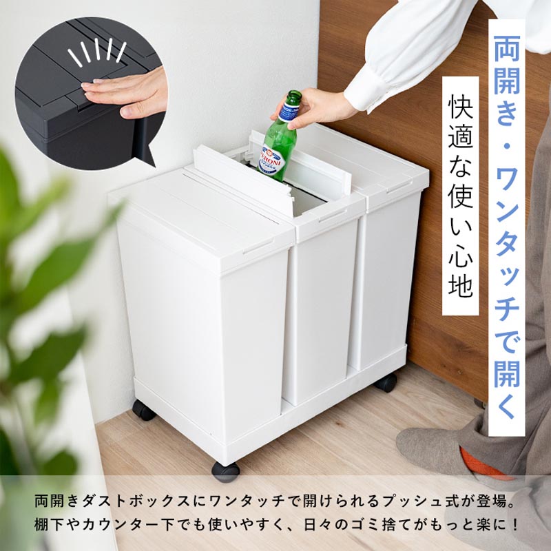 【お取り寄せ商品】棚下で使える ゴミ箱 プッシュ3分別 ワゴン ブラック