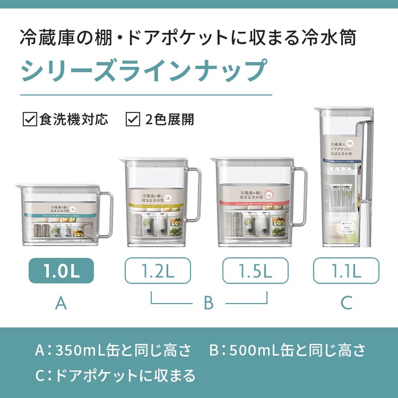 冷蔵庫の棚に収まる冷水筒 1.0L ブラック