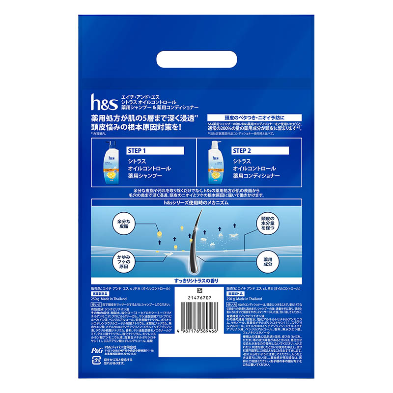 h&s (エイチアンドエス) シトラスオイルコントロール 薬用シャンプー ＋薬用コンディショナー お試しポンプセット250g+250g